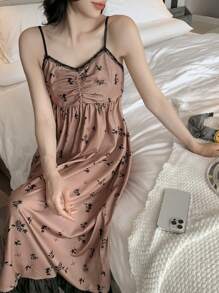 DAZY Váy giản dị Nữ Tương phản ren Tương phản Mesh Viên lá sen Hoa - màu nâu - Xem 5