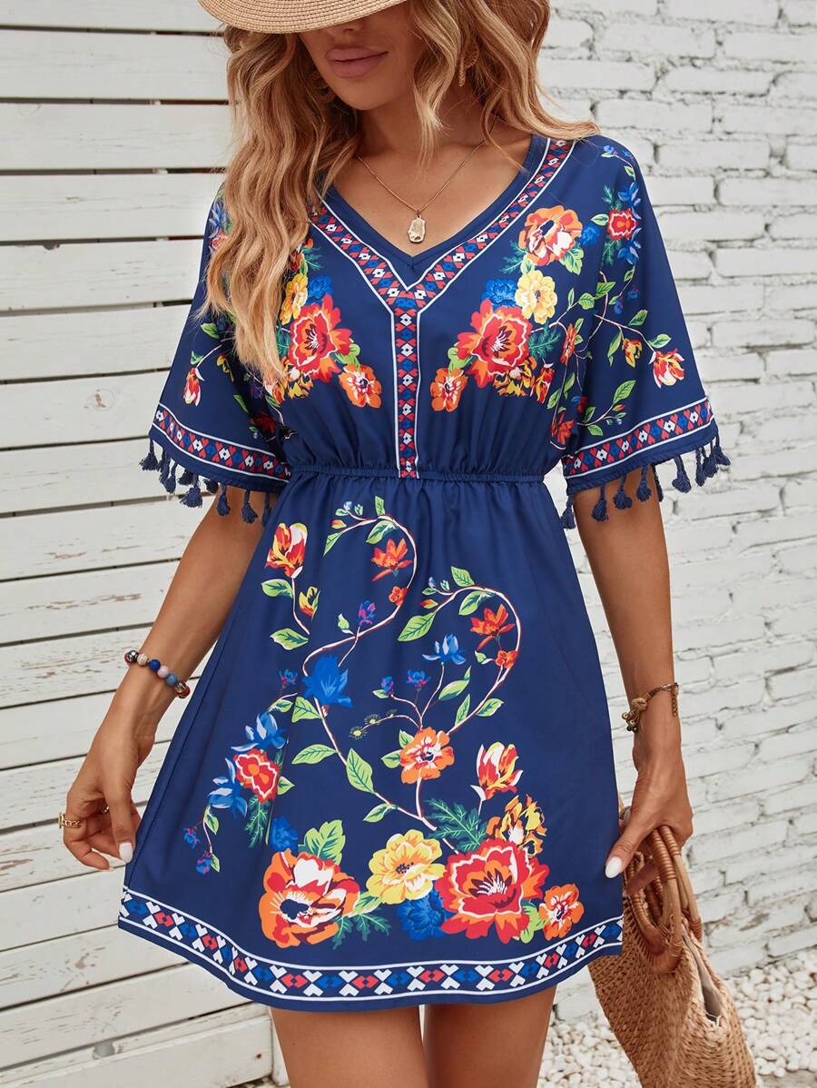 Breezaya Váy tua rua in hoa trang phục đi biển cho phụ nữ - Màu xanh hải quân - Xem 1