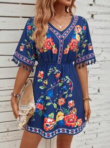 Breezaya Váy tua rua in hoa trang phục đi biển cho phụ nữ - Màu xanh hải quân - Xem 3