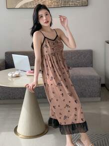 DAZY Váy giản dị Nữ Tương phản ren Tương phản Mesh Viên lá sen Hoa - màu nâu - Xem 8