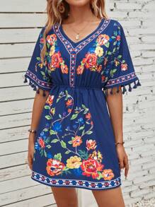 Breezaya Váy tua rua in hoa trang phục đi biển cho phụ nữ - Màu xanh hải quân - Xem 4