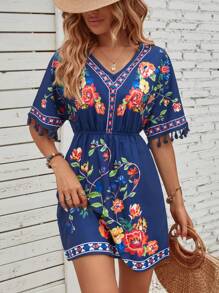 Breezaya Váy tua rua in hoa trang phục đi biển cho phụ nữ - Màu xanh hải quân - Xem 5