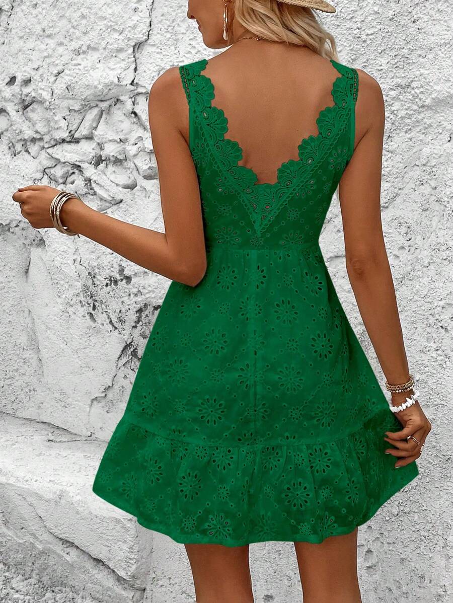 Chiquease Eyelet Embroidery Ruffle Hem Dress - Green - View 1