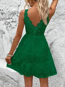 Chiquease Eyelet Embroidery Ruffle Hem Dress - Green - View 4