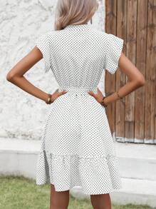 SHEIN LUNE Polka Dot Print Ruffle Hem Belted Dress - White - View 2