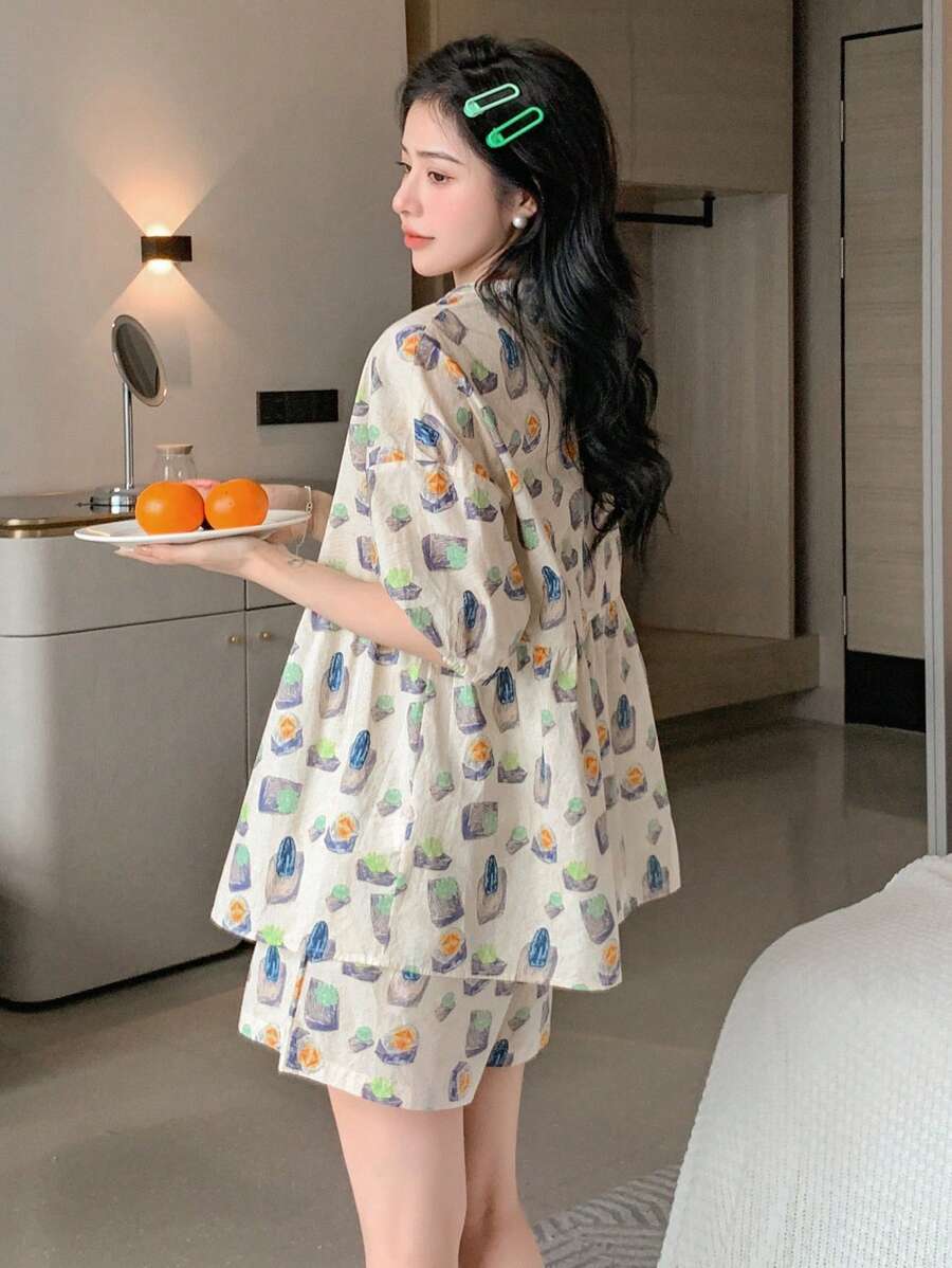 DAZY 滿版印花泡泡袖睡衣套裝 - 彩色 - 查看 1