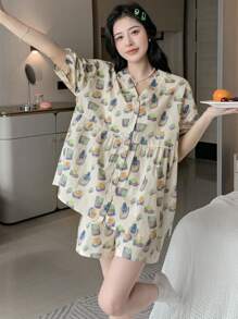 DAZY 滿版印花泡泡袖睡衣套裝 - 彩色 - 查看 3