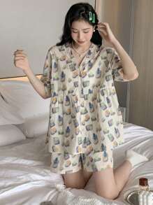 DAZY 滿版印花泡泡袖睡衣套裝 - 彩色 - 查看 8
