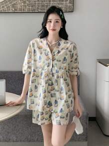 DAZY 滿版印花泡泡袖睡衣套裝 - 彩色 - 查看 9