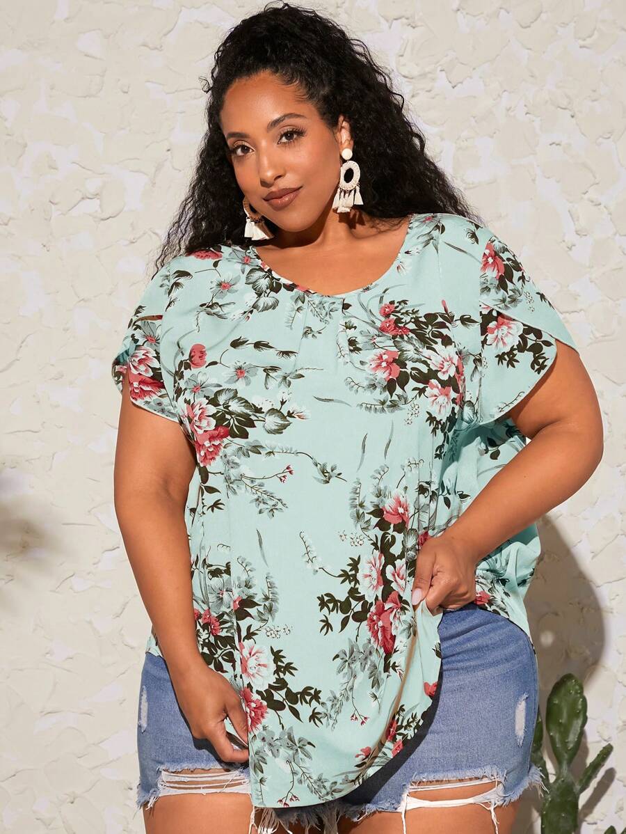 SHEIN CURVE+ Áo sơ mi Plus Size Hoa Tất cả trên in Boho - Màu xanh nhạt - Xem 1