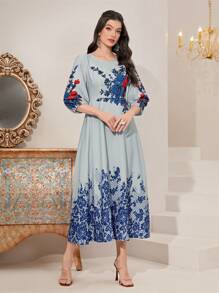 Mulvari 印花燈籠袖洋裝 - 霧霾藍 - 查看 3