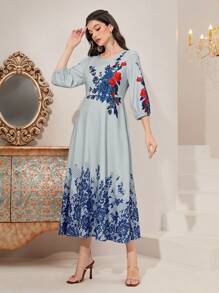 Mulvari 印花燈籠袖洋裝 - 霧霾藍 - 查看 4