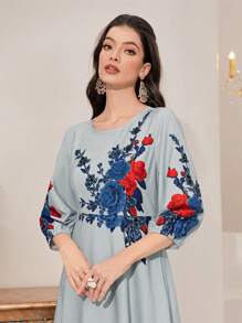 Mulvari 印花燈籠袖洋裝 - 霧霾藍 - 查看 5