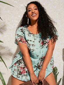 SHEIN CURVE+ Áo sơ mi Plus Size Hoa Tất cả trên in Boho - Màu xanh nhạt - Xem 4