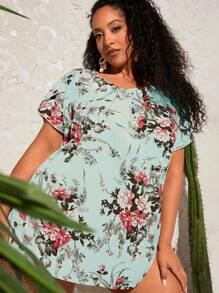 SHEIN CURVE+ Áo sơ mi Plus Size Hoa Tất cả trên in Boho - Màu xanh nhạt - Xem 6