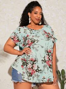 SHEIN CURVE+ Áo sơ mi Plus Size Hoa Tất cả trên in Boho - Màu xanh nhạt - Xem 7
