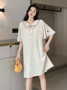 DAZY 素色繫帶領插肩袖條紋針織睡裙 - 米色 - 查看 7