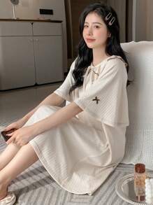 DAZY 素色繫帶領插肩袖條紋針織睡裙 - 米色 - 查看 4