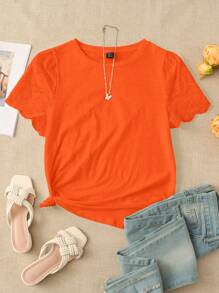 SHEIN LUNE 素色網眼刺繡貝殼邊T恤 - 珊瑚橙 - 查看 1