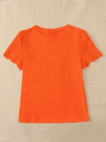 SHEIN LUNE 素色網眼刺繡貝殼邊T恤 - 珊瑚橙 - 查看 2