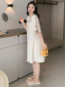 DAZY 素色繫帶領插肩袖條紋針織睡裙 - 米色 - 查看 8