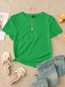 EMERY ROSE Solid Eyelet Embroidery Scallop Trim Tee - Green - View 1