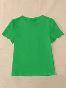 EMERY ROSE Solid Eyelet Embroidery Scallop Trim Tee - Green - View 2