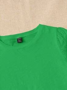 EMERY ROSE Solid Eyelet Embroidery Scallop Trim Tee - Green - View 3