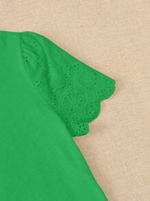 EMERY ROSE Solid Eyelet Embroidery Scallop Trim Tee - Green - View 4