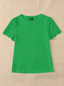 EMERY ROSE Solid Eyelet Embroidery Scallop Trim Tee - Green - View 5