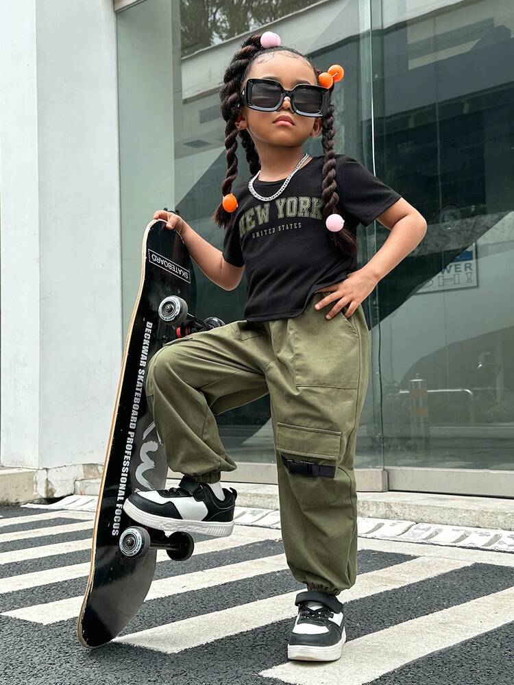 Young Girls' Letter Print Short Sleeves Top And Cargo Pants Set