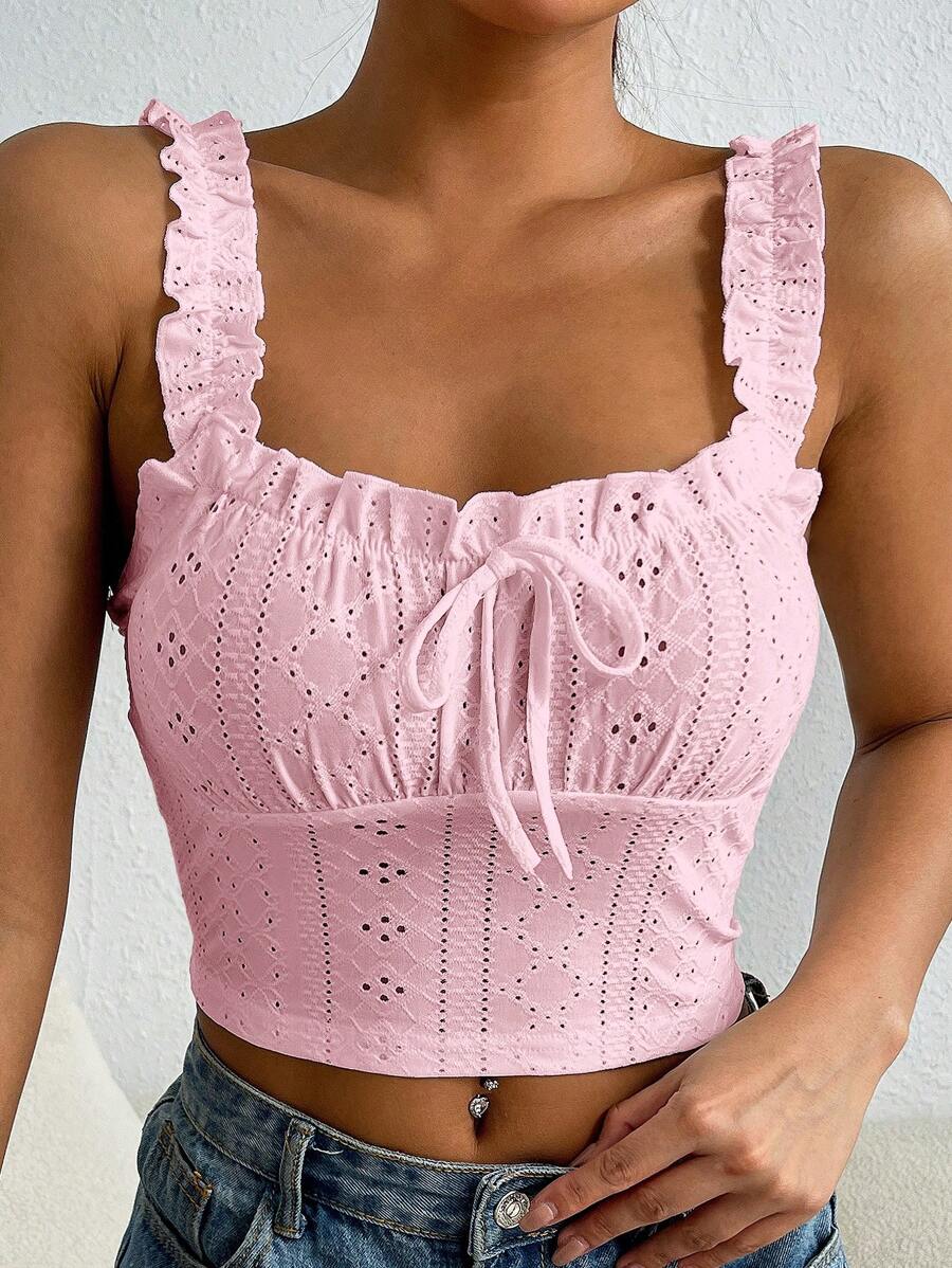 SHEIN EZwear Eyelet Embroidery Frill Trim Tie Front Wide Straps Top - Baby Pink - View 1