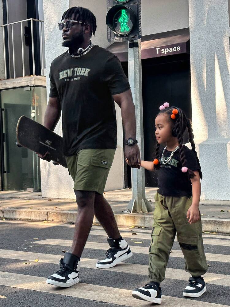 Young Girls' Letter Print Short Sleeves Top And Cargo Pants Set