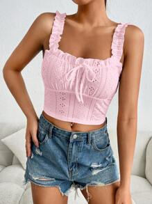 SHEIN EZwear Eyelet Embroidery Frill Trim Tie Front Wide Straps Top - Baby Pink - View 3