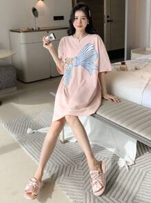 DAZY Cartoon Graphic Drop Shoulder Lounge Dress, Moo Moo Pajama