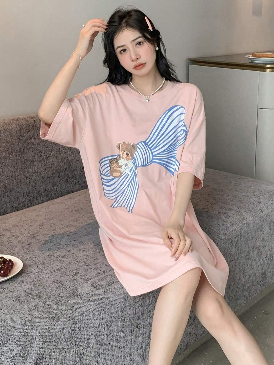 Cartoon Graphic Drop Shoulder Lounge Dress, Moo Moo Pajama