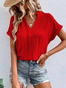 SHEIN LUNE Solid Batwing Sleeve Popover Blouse - Red - View 3
