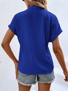 SHEIN LUNE Solid Batwing Sleeve Popover Blouse - Blue - View 2