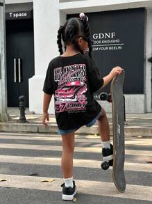 SHEIN Young Girl Street Style Sporty Knitting Round Neck Short Sleeve Top For Spring And Summer - Black - View 4