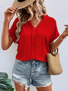 SHEIN LUNE Solid Batwing Sleeve Popover Blouse - Red - View 5