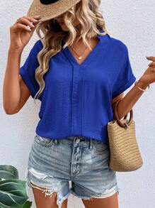 SHEIN LUNE Solid Batwing Sleeve Popover Blouse - Blue - View 5