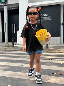 SHEIN Young Girl Street Style Sporty Knitting Round Neck Short Sleeve Top For Spring And Summer - Black - View 6