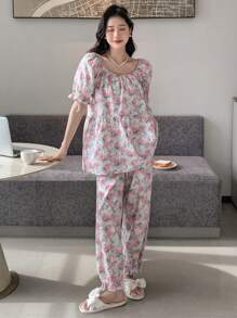 DAZY 滿版印花泡泡袖睡衣套裝 - 粉色 - 查看 4