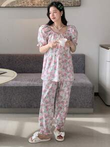 DAZY 滿版印花泡泡袖睡衣套裝 - 粉色 - 查看 6