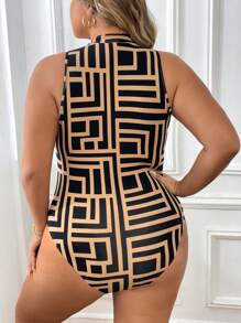 SHEIN Essnce Plus Geo Print Mock Neck Tank Bodysuit - Multicolor - View 2