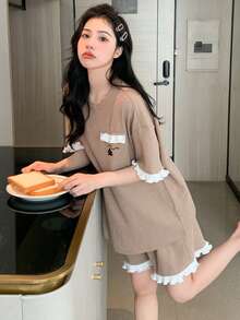 DAZY Floral Print Contrast Trim Lounge Set - Khaki - View 3