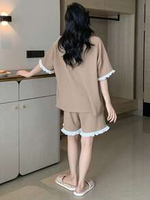 DAZY Floral Print Contrast Trim Lounge Set - Khaki - View 2