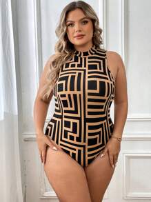 SHEIN Essnce Plus Geo Print Mock Neck Tank Bodysuit - Multicolor - View 4