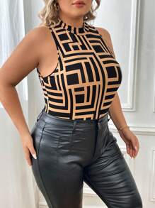 SHEIN Essnce Plus Geo Print Mock Neck Tank Bodysuit - Multicolor - View 5