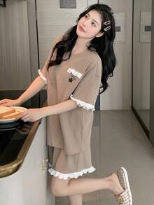 DAZY Floral Print Contrast Trim Lounge Set - Khaki - View 9